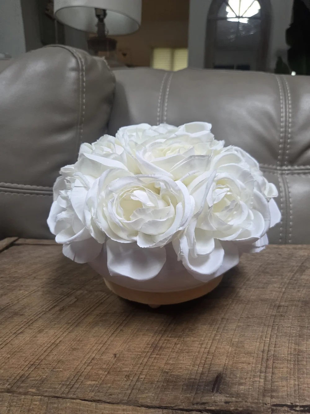 Elegant White Artificial Rose Centerpiece Bowl